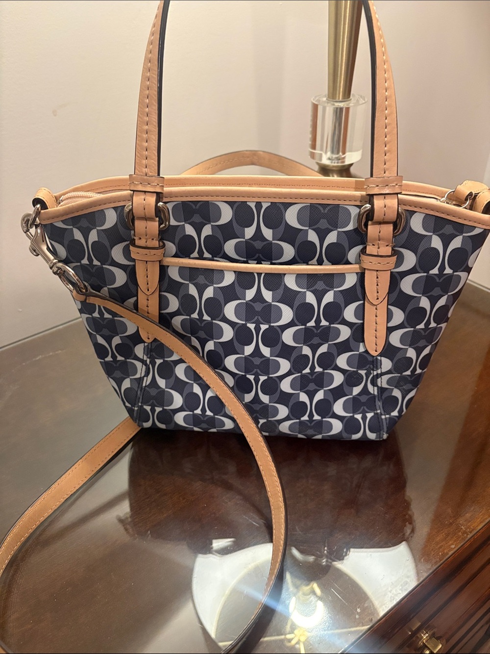 Coach Navy and Black Signature Small Tote with Tan Leather Trim - Picture 7 of 16